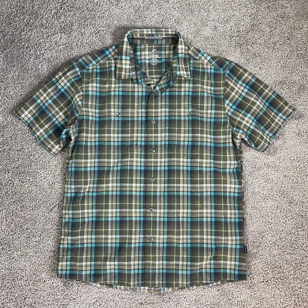 Kuhl Men’s Short Sleeve Green Shirt Button Up Comfy Cotton Blend Plaid Sz Large